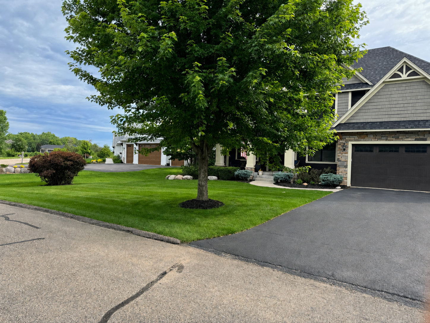 Freshly mowed residential lawn with a mature shade tree and landscaped home.